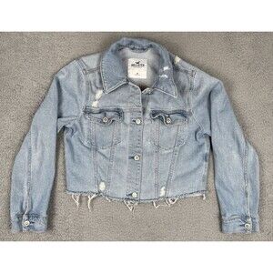 Hollister Cropped Denim Jean Jacket Womens Medium Blue Distressed Raw Hem